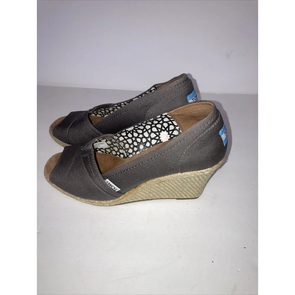 TOMS Calypso Grey Peep Toe Espadrille Wedge Canvas Sandals Heels Shoes Sz7